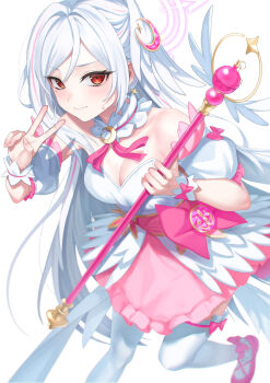 1girl bare_shoulders blue_archive blush breasts cleavage closed_mouth deca_purio detached_sleeves dress halo head_wings highres holding holding_staff large_breasts long_hair looking_at_viewer mole mole_under_eye official_alternate_costume pantyhose pink_dress pink_shoes purple_halo red_eyes shoes short_sleeves sidelocks single_wing solo staff suzumi_(blue_archive) suzumi_(magical)_(blue_archive) sweatdrop v white_hair white_pantyhose white_wings wings wrist_cuffs