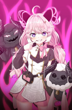 1girl ahoge arm_warmers bag bell black_arm_warmers black_background black_bag black_dress black_horns blush bow bowtie commentary_request cowboy_shot cross-shaped_pupils demon_horns dress earrings encore_(wuthering_waves) evil_grin evil_smile eyelashes fang finger_to_mouth fingernails gold_trim gradient_background grin hair_between_eyes hair_bobbles hair_bow hair_intakes hair_ornament hair_ribbon hairclip hand_up highres horns index_finger_raised jewelry long_hair looking_at_viewer low_twintails mandarin_collar mismatched_arm_warmers nail_polish o-ring oozeki_(v-necker) pink_background pink_bow pink_bowtie pink_hair pink_nails pink_pupils pink_ribbon pink_skirt pleated_skirt purple_eyes ribbon short_sleeves sidelocks simple_background skirt smile solo standing stuffed_animal stuffed_sheep stuffed_toy symbol-shaped_pupils teeth thick_eyebrows twintails two-tone_dress v-shaped_eyebrows white_arm_warmers white_dress wuthering_waves zipper zipper_pull_tab