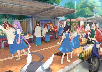 6+girls agnes_digital_(umamusume) agnes_tachyon_(umamusume) animal_ears artist_name baju_kurung banner biwa_hayahide_(umamusume) black_shoes book_on_face cardboard_cutout chair computer dantsu_flame_(umamusume) day dress faceless feet_on_chair fence fikkyun food gate gold_ship_(umamusume) haru_urara_(umamusume) highres hishi_amazon_(umamusume) horse_ears horse_tail ice_cream iron_fence jacket jersey jungle_pocket_(umamusume) laptop malay_text malaysia malaysian_secondary_school_uniform manhattan_cafe_(umamusume) meisho_doto_(umamusume) mejiro_mcqueen_(umamusume) motor_vehicle motorcycle multiple_girls oguri_cap_(umamusume) pants pinafore_dress red_jacket rice_shower_(umamusume) school school_uniform seiun_sky_(umamusume) shoes sleeping sleeveless sleeveless_dress sleeves_past_wrists snack socks standing_on_roof t.m._opera_o_(umamusume) tail tokai_teio_(umamusume) track_pants translated tree typing umamusume white_shoes white_socks