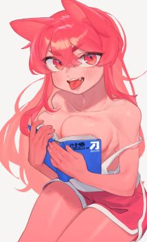 1girl animal_ears blush book breasts camisole camisole_pull center-flap_bangs clothes_pull collarbone commentary covering_breasts covering_privates cowboy_shot crossed_bangs dolphin_shorts double-parted_bangs fangs fingernails hands_up highres holding holding_book knifecat large_breasts long_hair looking_at_viewer making-of_available no_bra open_book original red_eyes red_hair red_shorts short_shorts shorts simple_background sitting slit_pupils solo symbol-only_commentary tongue tongue_out tsurime v-shaped_eyebrows very_long_hair white_background white_camisole