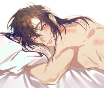 1boy ;) alternate_hairstyle bed_sheet bishounen bite_mark black_hair blush brown_hair closed_mouth eyepatch grey_eyes hair_between_eyes hair_down hickey highres hugging_object implied_yaoi jujeop korean_commentary long_hair looking_at_viewer lying male_focus modao_zushi nude on_bed on_stomach one_eye_closed pillow pillow_hug sidelocks simple_background smile solo upper_body wei_wuxian white_background