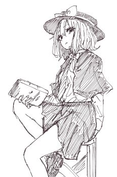 1girl black_capelet black_hat black_skirt book bow capelet chair closed_mouth hair_bow hand_on_chair hand_rest hat hat_bow highres holding holding_book kashiwada_kiiho looking_at_viewer necktie shirt shirt_tucked_in simple_background sitting skirt solo touhou usami_renko white_background white_bow white_shirt