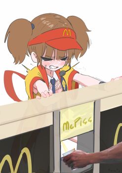 1boy 1girl black_necktie blush brown_hair clenched_teeth closed_eyes collared_shirt cup employee_uniform holding imadake_dabuchi_tabemi loli mcdonald's mixed_media necktie pee peeing preamy_kyuushi shirt short_sleeves simple_background solo_focus tears teeth twintails visor_cap white_background white_shirt