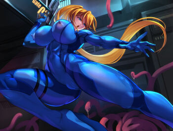 1girl abs blonde_hair blue_bodysuit blue_eyes blush bodysuit breasts cameltoe covered_erect_nipples covered_navel gun handgun highres holding holding_gun holding_weapon impossible_bodysuit impossible_clothes kawaraya_a-ta large_breasts long_hair metroid muscular muscular_female nintendo nipples open_mouth paralyzer ponytail samus_aran skin_tight solo tentacles thighs weapon zero_suit