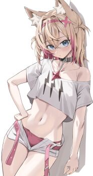 1girl absurdres animal_ear_fluff animal_ears belt belt_collar black_collar blonde_hair blue_eyes blush collar collarbone cowboy_shot cropped_shirt dog_ears dog_girl double-parted_bangs fake_horns hair_between_eyes hair_intakes hair_ornament hairband hand_on_own_hip head_tilt highres hololive hololive_english horns leaning lightning_bolt_symbol looking_at_viewer medium_hair midriff mococo_abyssgard navel on_wall open_belt open_clothes open_shorts panties pink_belt pink_hairband pink_panties pink_streaks scarlet_(wv0102) short_shorts short_sleeves shorts simple_background single_bare_shoulder single_off_shoulder solo stomach thighs underwear virtual_youtuber white_background x_hair_ornament