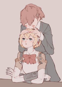 2girls aigis_(persona) android aqua_eyes arms_on_table black_jacket black_skirt blonde_hair blush bow closed_eyes cream_background crossed_arms gekkoukan_high_school_uniform hair_ornament hairclip hands_on_another&#039;s_head jacket joints kiss kissing_head looking_up multiple_girls parted_lips persona persona_3 persona_3_portable ponytail red_bow red_hair robot_ears robot_joints school_uniform shiomi_kotone short_hair simple_background skirt surprise_kiss surprised tbjj1208 wing_collar yuri