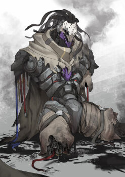 1boy black_hair cable_hair commentary cyborg detached_arm detached_legs english_commentary full_body grey_background highres long_hair looking_to_the_side mechabare oiled omnic orange_eyes overwatch ramattra_(overwatch) robot scarf sitting tworain_w