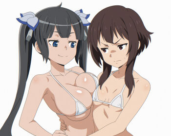 2girls annoyed arm_around_back asymmetrical_docking bare_arms bare_shoulders bikini black_hair blue_eyes breast_envy breast_press breasts brown_eyes brown_hair collarbone crossover dungeon_ni_deai_wo_motomeru_no_wa_machigatteiru_darou_ka hair_ribbon hestia_(danmachi) kono_subarashii_sekai_ni_shukufuku_wo! large_breasts loli long_hair looking_at_another megumin multiple_girls ribbon short_hair sidelocks skindentation small_breasts smirk smug sweatdrop swimsuit twintails very_long_hair white_bikini zorzero