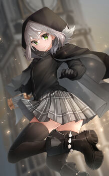 1girl black_cape black_footwear black_gloves black_jacket black_thighhighs blurry blurry_background blush cape clock clock_tower closed_mouth fate_(series) gloves gray_(fate) green_eyes grey_hair grey_skirt hair_between_eyes highres hood hood_up hooded jacket looking_at_viewer lord_el-melloi_ii_case_files medium_hair miniskirt plaid_clothes plaid_skirt pleated_skirt skirt skoll_world smile solo thighhighs tower zettai_ryouiki