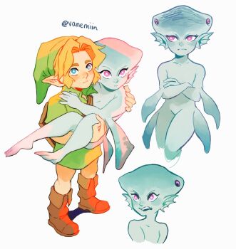 1boy 1girl arm_fins blonde_hair blue_eyes blue_skin body_fins boots brown_boots carrying colored_skin crossed_arms extra_eyes fins fish_girl green_hat green_tunic hat head_fins highres link monster_girl multiple_views nintendo parted_bangs phrygian_cap pink_eyes pointy_ears princess_carry princess_ruto shield shield_on_back short_hair sidelocks the_legend_of_zelda the_legend_of_zelda:_ocarina_of_time tunic twitter_username vanemiin webbed_feet white_background zora