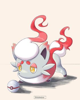 animal_focus bright_pupils commentary english_commentary full_body highres hisuian_zorua nintendo no_humans poke_ball pokemon pokemon_(creature) pokemon_focus premier_ball solo twitter_username vtrebla4ever white_background white_pupils yellow_eyes