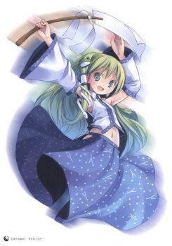 1girl absurdres blue_eyes detached_sleeves female_focus frog_hair_ornament gohei green_hair hair_ornament hair_tubes highres japanese_clothes kochiya_sanae long_hair long_sleeves midriff miko motion_blur navel oonusa open_mouth pop scan shirt simple_background skirt skirt_set smile snake_hair_ornament solo touhou vest white_background wide_sleeves