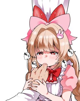 1boy 1girl blonde_hair bow bowtie braid chef_hat cherry crust_(nikke) dress finger_in_another's_mouth flat_chest food food-themed_hair_ornament fruit goddess_of_victory:_nikke hair_bow hair_ornament hat heart heart-shaped_pupils highres pink_dress rabbit_hair_ornament red_bow red_bowtie red_eyes saliva simple_background strawberry strawberry_hair_ornament symbol-shaped_pupils twin_braids ygdm