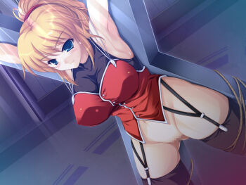1girl armpits banpresto bdsm blonde_hair bondage bottomless bound breasts censored crucifixion dutch_angle excellen_browning female_focus garter_belt garter_straps green_eyes high_ponytail indoors large_breasts mosaic_censoring ponytail rope saint_andrew&#039;s_cross solo spread_eagle_position super_robot_wars team-tanabe thighhighs x_frame