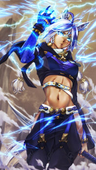 Rule 34 | 1girl, animal ear fluff, animal ears, antenna hair, arclight (arknights), arknights, arknights: endfield, arm at side, arms up, black pants, blue eyes, braid, braided sidelocks, breasts, closed mouth, clothing cutout, commentary request, cropped jacket, dark-skinned female, dark skin, earrings, electricity, forehead jewel, g evolve, glowing, glowing eyes, hair between eyes, hip vent, holding, holding sword, holding weapon, hood, hood down, hooded jacket, horse ears, horse girl, horse tail, jacket, jewelry, legs apart, linea alba, long hair, long sleeves, looking at viewer, mechanical arms, medium breasts, midriff, multicolored hair, navel, pants, prosthesis, prosthetic arm, purple hair, serious, side braids, sidelocks, single mechanical arm, solo, standing, stomach, sword, tail, twintails, two-tone hair, very long hair, weapon, white hair, wristband