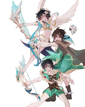 3boys anemo_symbol_(genshin_impact) artist_name barbatos_(genshin_impact) bard black_hair blue_hair bow bow_(weapon) bowtie braid bridal_gauntlets brown_bow brown_bowtie brown_cloak brown_hair cape capelet cloak closed_mouth commentary daybreak_chronicles_(genshin_impact) elegy_for_the_end_(genshin_impact) feathered_wings flower genshin_impact gradient_hair green_cape green_eyes green_hat green_shorts hair_flower hair_ornament hat hat_flower highres holding holding_bow_(weapon) holding_weapon hood hooded_cloak long_sleeves male_focus midriff multicolored_hair multiple_boys multiple_persona nameless_bard_(genshin_impact) nene_chiru official_alternate_costume shirt short_hair_with_long_locks shorts simple_background skyward_harp_(genshin_impact) symbol-only_commentary twin_braids venti_(archon)_(genshin_impact) venti_(genshin_impact) vision_(genshin_impact) weapon white_background white_capelet white_flower white_shirt white_shorts white_wings wings