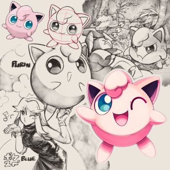 Rule 34 | 1girl, bayleef, blue eyes, colored skin, commentary request, dress, flower, gen 1 pokemon, gen 2 pokemon, gloves, green (pokemon), highres, jigglypuff, long hair, musical note, nintendo, one eye closed, open mouth, pink skin, pokemon, pokemon (creature), pokemon adventures, pokemon frlg, shoupitsuki, sketch, sleeping, tree, zzz