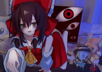 1girl :d all_fours arm_support ascot banette bent_over blush bow breasts breasts_apart brown_eyes brown_hair computer_keyboard crawling detached_sleeves downblouse figure frilled_bow frilled_hair_tubes frills gap_(touhou) gen_3_pokemon gen_4_pokemon genshi_neki ghost_pose hair_bow hair_tubes hakurei_reimu highres komeiji_koishi leaning_forward looking_at_viewer monitor no_bra nontraditional_miko open_mouth pawmi photo_background piplup red_bow red_skirt remilia_scarlet ribbon-trimmed_sleeves ribbon_trim skirt skirt_set small_breasts smile solo stuffed_animal stuffed_toy through_medium through_screen touhou yellow_ascot