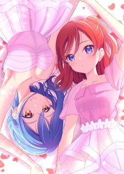 2girls blue_eyes blue_hair blush breasts cleavage collarbone commentary dress highres long_hair looking_at_viewer love_live! love_live!_superstar!! medium_breasts multiple_girls nanase_itsuki orange_eyes pink_dress red_hair red_petals short_hair small_breasts wakana_shiki yoneme_mei