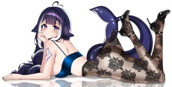 1girl absurdres ahoge arm_tattoo armpit_crease ass black_nails black_pantyhose black_shoes blue_bra blue_eyes blue_hair bra breasts center-flap_bangs closed_mouth commentary double-parted_bangs fingernails floral_print floral_print_pantyhose full_body hashtag-only_commentary head_rest heart heart_ahoge high_heels highres indie_virtual_youtuber lace_pantyhose lace_pantyhose_hooked_on_heel_(meme) large_breasts legs_up long_hair looking_at_viewer lying meme multicolored_hair nail_polish on_stomach pantyhose print_pantyhose rainenleaf reflection reflective_floor shoes shylily simple_background solo strappy_heels streaked_hair tattoo underwear virtual_youtuber white_background white_streaks