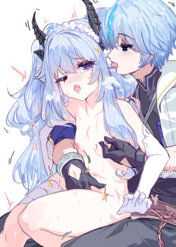 1boy 1girl abby_(azur_promilia) absurdres azur_promilia black_gloves black_horns blue_eyes blue_hair clothed_male_nude_female commentary_request commission dragon_girl dragon_horns elbow_gloves fingering flat_chest gloves heart heart-shaped_pupils hetero highres horns long_hair nipple_stimulation nipple_tweak nipples nude open_mouth pixiv_commission purple_eyes short_hair starborn_(male)_(azur_promilia) sunnysideup symbol-shaped_pupils tongue tongue_out white_background white_gloves