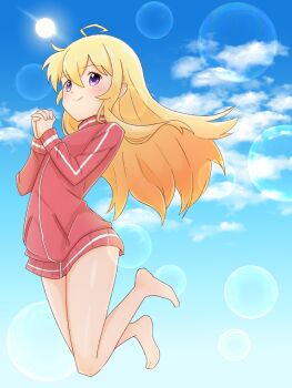 1girl antenna_hair aoi_illust_2077 barefoot blonde_hair blue_background blush closed_mouth cloud dot_nose feet female_focus fur_trim gabriel_dropout gabriel_tenma_white highres jacket long_hair long_sleeves looking_at_viewer no_pants no_shoes no_socks own_hands_clasped purple_eyes simple_background sky smile solo sun track_jacket