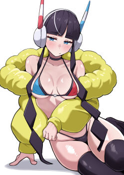 1girl absurdres bikini black_hair blue_eyes blunt_bangs breasts collarbone commentary_request elesa_(pokemon) hashira_14 headphones highleg highleg_bikini highres jacket long_hair multicolored_hair nintendo o-ring o-ring_bikini pokemon pokemon_bw2 shiny_skin sidelocks simple_background solo streaked_hair swimsuit white_background white_hair yellow_jacket