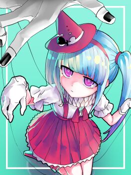 aqua_hair blonde_hair bow closed_mouth dress fake_meme_(vocaloid) gloves gomashimashio hair_between_eyes hat hatsune_miku highres long_hair looking_at_viewer multiple_girls neck_ruff pink_eyes puppet_strings red_bow red_footwear red_hat red_skirt red_suspenders shirt skirt twintails vocaloid