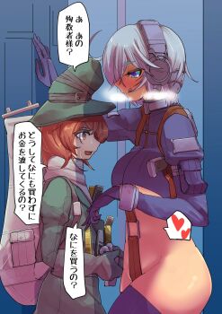 1boy 1girl age_difference ass backpack bag belt_buckle blue_background blush brown_eyes brown_hair buckle crotch_strap embarrassed eyebrows flirting flustered gloves green_hat green_jacket hat headgear heart height_difference highres jacket japanese_text kabedon long_sleeves martyr_(the_citadel) matching_hair/eyes onee-shota open_mouth purple_eyes purple_gloves purple_hair purple_shirt purple_thighhighs scarf shirt shota simple_background smile standing sweat sweatdrop the_citadel thighhighs tongue tongue_out translation_request tycho_(the_citadel) white_scarf