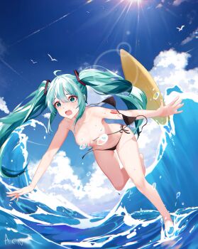 1girl acn bikini bird black_bikini blue_sky breasts cloud commentary_request green_eyes green_hair hatsune_miku highres sky solo sun swimsuit twintails vietnamese_commentary vocaloid