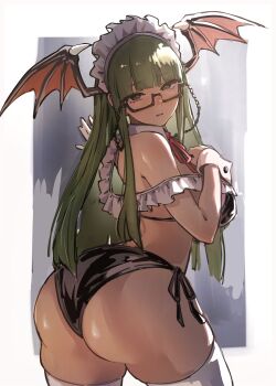 1girl absurdres alternate_costume ap_cammy ass bikini black_bikini commentary_request darkstalkers demon_girl demon_wings glasses green_eyes green_hair head_wings highres long_hair looking_at_viewer looking_back maid maid_headdress morrigan_aensland red_ribbon revision ribbon semi-rimless_eyewear solo swimsuit thighhighs white_thighhighs wings wrist_cuffs