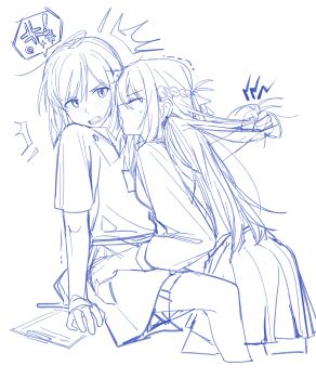 2girls absurdres anger_vein between_legs blush braid collared_shirt commentary_request fang grabbing_another&#039;s_hair haidao_mao half_up_braid hand_on_another&#039;s_waist highres holding_another&#039;s_hair licking licking_another&#039;s_neck long_hair miyagi_shiori monochrome multiple_girls open_mouth pleated_skirt school_uniform sendai_hazuki shirt shuuniichido_classmate_wo_kau_hanashi skirt spoken_anger_vein tears trembling yuri