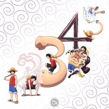 5boys alternate_form black_hair cloud_hair commentary devil_fruit_power elasticity english_commentary gear_fifth grin haki_(one_piece) hat highres male_focus monkey_d._luffy multiple_boys multiple_persona muscular muscular_male numbered one_piece open_clothes open_mouth oversized_limbs red_shirt sandals scar scar_on_chest scar_on_face sergiromero shirt short_hair short_sleeves smile steam straw_hat teeth white_hair