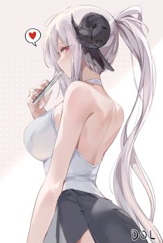 Rule 34 | 1girl, absurdres, animal ears, back, bare arms, bare shoulders, black skirt, breasts, choker, commentary request, cowboy shot, curled horns, dolechan, from side, heart, highres, holding, holding phone, horns, large breasts, long hair, looking at viewer, looking to the side, median furrow, original, phone, ponytail, sheep ears, sheep horns, shirt, skirt, sleeveless, sleeveless shirt, solo, spoken heart, very long hair, white choker, white hair, white shirt