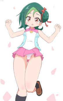 1girl absurdres blush cameltoe commentary_request cynical_(llcbluckg_c004) dot_nose foot_out_of_frame foot_up from_below green_hair hands_up highres loli looking_at_viewer looking_down medium_hair miniskirt mizuki_kotori_(yu-gi-oh!) multicolored_shirt open_mouth panties pink_skirt pleated_skirt red_eyes shirt skirt sleeveless sleeveless_shirt solo standing standing_on_one_leg underwear upskirt white_background white_panties yu-gi-oh! yu-gi-oh!_zexal