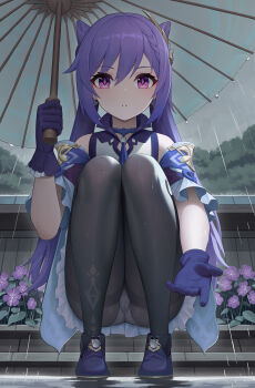 1girl absurdres bare_shoulders black_pantyhose cameltoe choker cone_hair_bun crotch_seam diamond-shaped_pupils diamond_(shape) double_bun dress frilled_gloves frills genshin_impact gloves hair_bun hair_ears hair_ornament highres holding holding_umbrella keqing_(genshin_impact) kneeling long_hair looking_at_viewer neck_tassel outdoors panties panties_under_pantyhose pantyhose pantyshot purple_choker purple_dress purple_eyes purple_gloves purple_hair rain solo squatting symbol-shaped_pupils tassel twintails umbrella underwear wa_(user_snch2757) white_panties