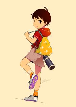 1boy ahoge bag bandaid bandaid_on_knee bandaid_on_leg bottle brown_eyes brown_hair brown_shorts child commentary_request full_body hood hood_down looking_at_viewer looking_back male_focus noeyebrow_(mauve) open_mouth orange_socks original red_shirt shirt shoes short_hair short_sleeves shorts signature simple_background sneakers socks solo star_(symbol) tan tanline thermos very_short_hair yellow_background