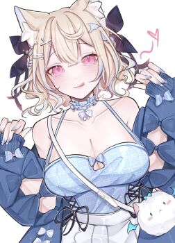 1girl :q absurdres alternate_hair_length alternate_hairstyle animal_ear_fluff animal_ears bag bare_shoulders black_ribbon blonde_hair blue_bow blue_choker blue_jacket blue_nails blue_shirt blue_streaks blush bow breasts choker cleavage closed_mouth collarbone commentary cowboy_shot dog_ears dog_girl double-parted_bangs dutch_angle english_commentary fingernails frilled_choker frills fuwawa_abyssgard fuwawa_abyssgard_(casual) hair_ornament hands_up heart highres hololive hololive_english jacket jacket_partially_removed large_breasts licking_lips long_sleeves looking_at_viewer multicolored_hair nail_polish no_hairband official_alternate_costume pink_eyes ribbon rosheil shirt short_hair shoulder_bag simple_background skirt smile solo streaked_hair tongue tongue_out virtual_youtuber white_background white_skirt x_hair_ornament