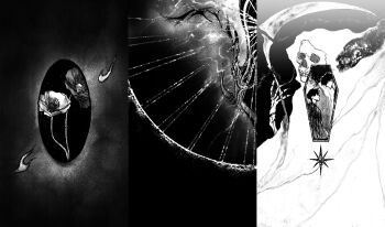 2boys black_hair cloak coffin death_(entity) facing_another flower greyscale grim_reaper highres hood hood_up hooded_cloak kim_dokja light_rays monochrome mq_cg multiple_boys omniscient_reader's_viewpoint poppy_(flower) scythe short_hair skeletal_hand skeleton skull sparkle split_screen symbolism white_cloak yoo_joonghyuk