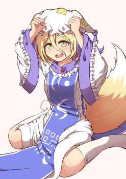 Rule 34 | 1girl, alternate costume, animal ears, ayuyu yuka03, blonde hair, blue tabard, commentary request, cosplay, cowering, dress, ears down, fox ears, fox girl, fox tail, hair between eyes, hat, highres, kneehighs, kudamaki tsukasa, long sleeves, mob cap, open mouth, sitting, socks, solo, tabard, tail, tearing up, textless version, touhou, wariza, white dress, white hat, white socks, wide sleeves, yakumo ran, yakumo ran (cosplay), yellow eyes