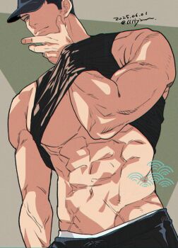1boy arm_up bara bare_pectorals baseball_cap black_hair black_hat black_tank_top broad_shoulders closed_mouth clothes_lift commentary dated facial_hair grey_eyes groin guilty_challenge_(meme) hand_on_own_face hat looking_at_viewer male_focus male_underwear male_underwear_peek meme navel one_eye_covered original pectorals scar scar_on_hip seigaiha shirt_lift short_hair short_sideburns sideburns_stubble stubble tank_top twitter_username underwear veins veiny_arms very_short_hair white_male_underwear yan_(bltyann)