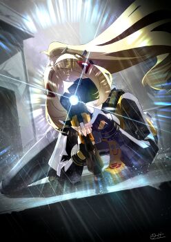 1girl absurdres aiming aiming_at_viewer black_gloves black_pants black_shrug blindfold_mask blonde_hair camouflage camouflage_jacket camouflage_pants commentary_request covered_eyes covered_mouth fingerless_gloves gloves glowing_mask gun gunblade hair_intakes hair_ornament highres holding holding_weapon jacket latex_pants long_hair mask outdoors pants ponytail rain rifle shrug_(clothing) signature sniper_rifle solo tight_clothes tight_pants triangle_hair_ornament trigger_(zenless_zone_zero) weapon zenless_zone_zero zeroartwo