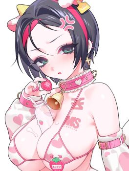 1girl animal_ears apron bad_id bad_twitter_id bare_shoulders bikini black_hair cow_ears cow_horns crow_(nikke) food fruit goddess_of_victory:_nikke highres horns multicolored_hair ohisashiburi short_hair simple_background solo strawberry swimsuit