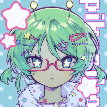 Rule 34 | 1girl, 9 ron23, antennae, bead necklace, beads, blue background, blue eyes, closed mouth, commentary, green hair, hair ornament, hairclip, headphones, jewelry, looking at viewer, necklace, original, pink-framed eyewear, polka dot, polka dot background, portrait, semi-rimless eyewear, short hair, short twintails, solo, star (symbol), star hair ornament, star in eye, straight-on, swept bangs, symbol in eye, too many hair ornaments, twintails, under-rim eyewear