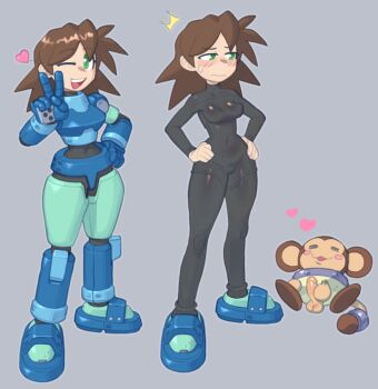 1girl armor bodysuit breasts brown_hair capcom darkbot data_(mega_man) genderswap genderswap_(mtf) highres medium_breasts mega_man_(series) mega_man_legends_(series) mega_man_volnutt penis torn_clothes