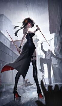 1girl 1other 3boys absurdres ajaz_(artist) ass belt black_belt black_boots black_dress black_hair black_jacket black_pants black_vest blood blood_on_face boots breasts brown_hairband dagger dress dual_wielding glowing glowing_eyes hairband high_heel_boots high_heels highres holding jacket knife large_breasts long_hair multiple_boys murder outdoors pants rain red_eyes ripples shirt spy_x_family stiletto_(weapon) suit_jacket thigh_boots vest weapon white_shirt yor_briar