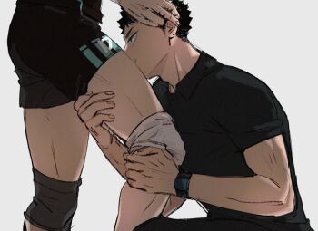 2boys black_hair black_shirt black_shorts collared_shirt commentary grey_background haikyuu!! iwaizumi_hajime knee_pads male_focus mcbuckwheat multiple_boys oikawa_tooru_(haikyuu!!) shirt short_hair shorts sideburns simple_background thighs watch wristwatch yaoi