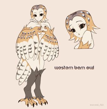 1girl absurdres bird_legs bird_tail black_eyes breasts brown_background brown_hair brown_sclera claws colored_sclera commentary english_commentary english_text feathered_wings hair_slicked_back harpy highres inktober large_breasts monster_girl nipples original owl_girl simple_background tail talons twitter_username unreal_fish winged_arms wings