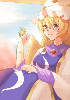 Rule 34 | 1girl, absurdres, animal, animal on hand, baby animal, bird, blonde hair, blue tabard, blush, brown eyes, cherry blossoms, chick, closed mouth, commentary, dress, fox girl, fox tail, hair between eyes, hand on own knee, hand up, hat, highres, kashiwara mana, kitsune, kyuubi, long sleeves, looking at animal, multiple tails, short hair, sitting, smile, tabard, tail, touhou, white dress, yakumo ran