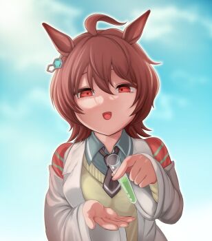 1girl agnes_tachyon_(tach-nology)_(umamusume) agnes_tachyon_(umamusume) black_necktie blue_sky breasts coat collared_shirt commentary_request day grey_shirt hair_between_eyes holding holding_vial incoming_drink lab_coat leaning_forward looking_at_viewer medium_breasts necktie open_clothes open_coat open_mouth outdoors potion red_eyes sadahiro_(chicken_nugget_gyuuniku_aji) shirt short_hair short_necktie sky smile solo sweater_vest umamusume upper_body vial yellow_sweater_vest